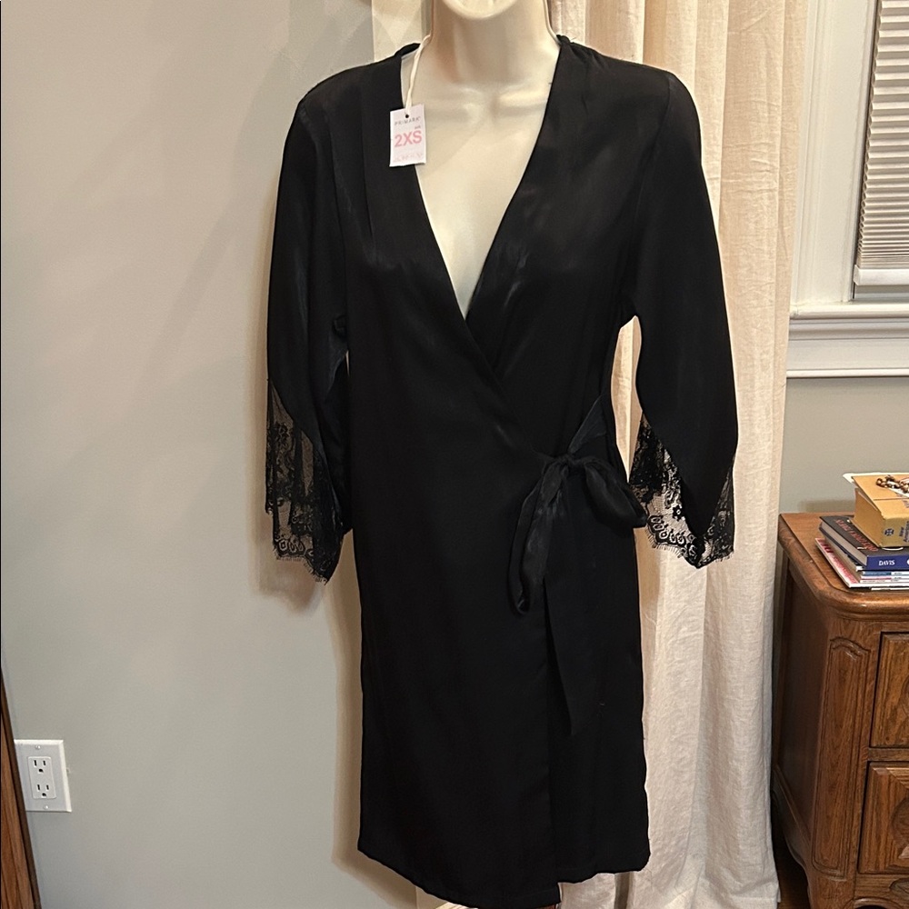 Primark Black Satin Robe with Lace Sleeves